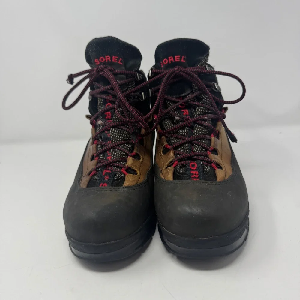 Sorel Caribou Mens Leather Hiking Brown Black Red Lace Up Size 10 Wide Boots